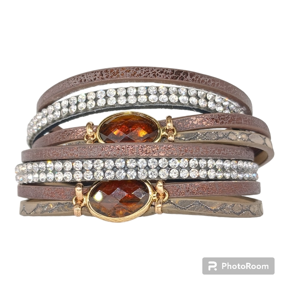 Plus-Size available! Leather and crystal rhinestone cuff wrap bracelet